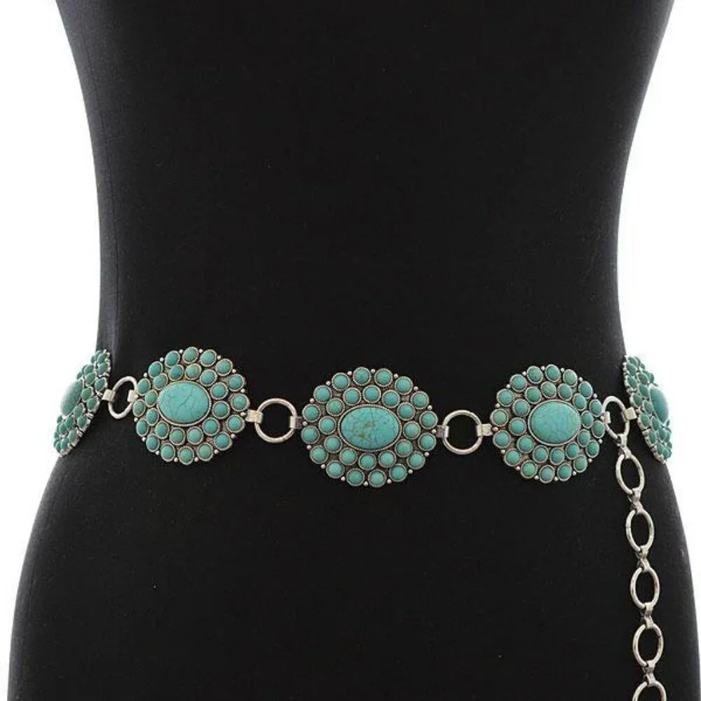 Western Turquoise Flower Concho Floral Oval Burst Medallion Belt L/XL by Tipi - Picture 7 of 8